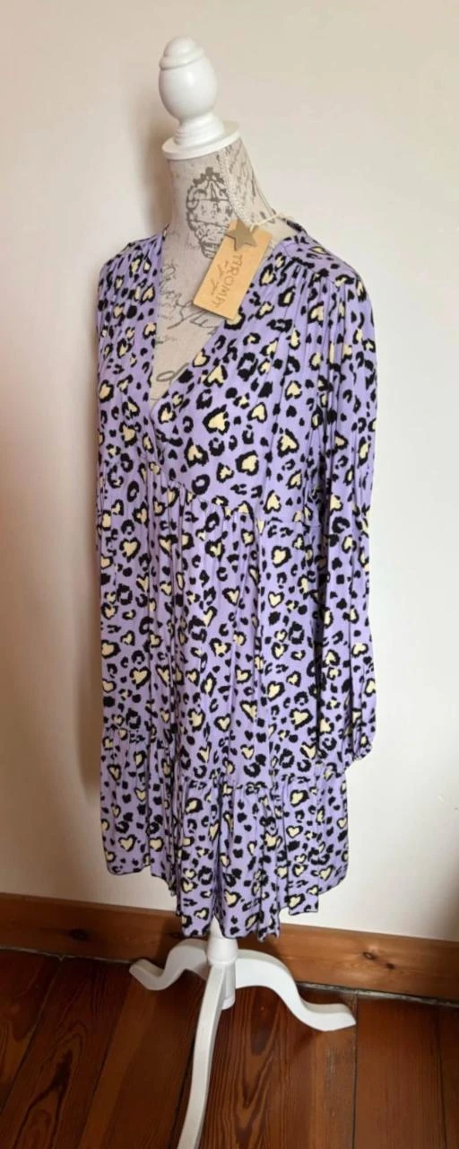 💜 Lilac & Yellow Hearts V-Neck Half-Length Dress - Size U – photo 5